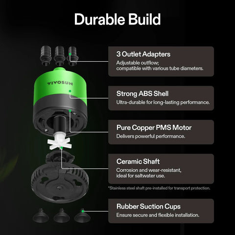 VIVOSUN 660 GPH submersible water pump, green ABS shell, copper motor with ceramic shaft; includes 3 outlet adapters and suction cups