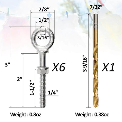 Diagram showing dimensions of Six Pack 1/4 Inch By 3 Inch Stainless Steel Eyebolts With Nuts And Washers Plus Drill Bit Included For Quick Rugged Lifting And Easy Rigging Built Tough With T316 Shoulder Ring.