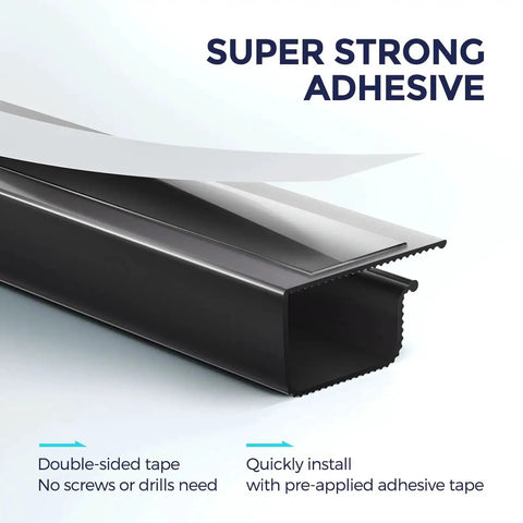 Close-up of black under desk cable management kit showing strong adhesive for home and office use to keep cords neat, safe, and pet proof.