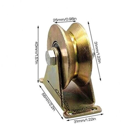 Heavy Duty Beefy V Groove Wheel Sliding Door Pulley For Inverted Track Gates shown from side with measurements visible