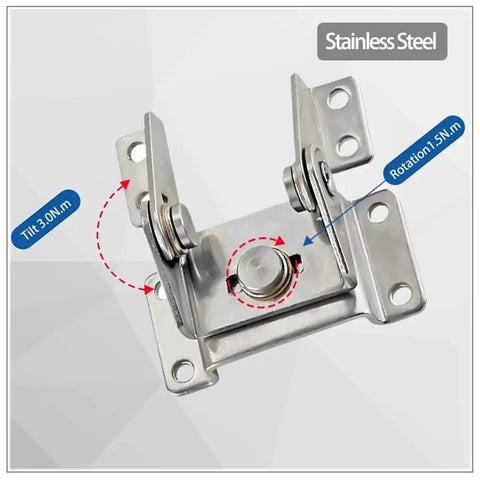 Stainless steel dual-axis hinge with damping; two mounting plates and central damped knob for 60-degree rotation
