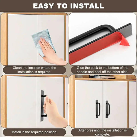 Installation guide for Adhesive Cabinet Handles 5.83 Inch 2 Pack Push Pull No Drill, step-by-step, showing cleaning, gluing, and pressing installation.