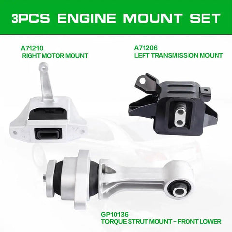 Engine Mount Kit For Hyundai Elantra And Elantra GT 2017-2020 1.4T 1.6T 2.0L And 2018-2020 Elantra GT 1.6T 2.0L 3 Piece Direct Fit OE Replacement Beefed-Up Build, showcasing three mounts with front lower torque strut, right motor, and left transmission mounts.