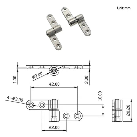 2 pcs silver 360-degree flip-stop torque shaft hinges, right-hand, front view