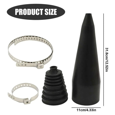 Universal Stretch Drive Shaft CV Boot Installation Cone Tool Kit with rubber boot, metal clamps, and cone tool, 31.8cm height
