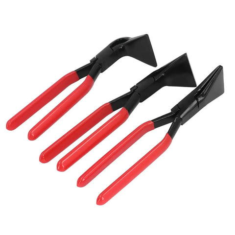 Three Pro Grade Heavy Duty Metal Bending Pliers Hand Seamers with red handles for 45 and 90 degree bends in sheet metal, various jaw sizes.