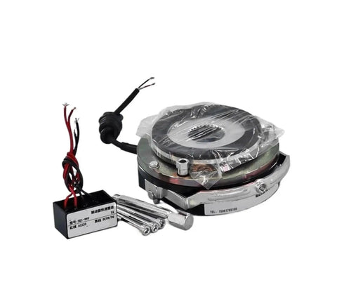 DHM3 electromagnetic brake with copper rotor, front view showing wiring harness, control box, and mounting bolts.