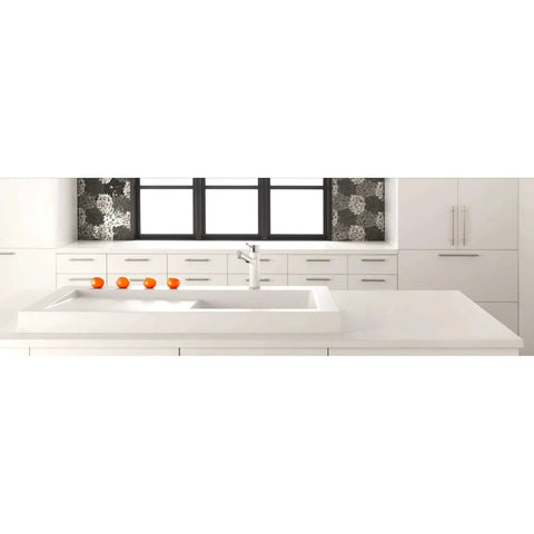 Modern kitchen with flat black Hopewell Steel Bar Pull M993 on white cabinets, contemporary backsplash, and minimalist design
