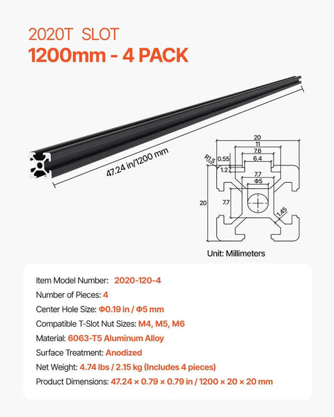 4-Piece 47.24-Inch T Slot Aluminum Extrusion Profile European-Standard Anodized Linear Rail Set diagram and specifications