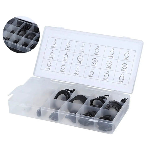 300 Piece Durable External Circlip Kit Retaining Ring Set for Bearings, Gears and Pulleys, in plastic storage case with labeled sections.