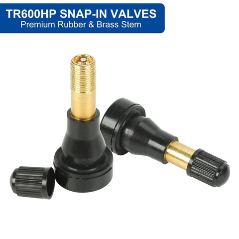 25 Pack TR600HP SnapIn High Pressure Tire Valve Stems One And A Quarter Inch Universal Fit For Most Cars And SUVs Easy Install Replacement Kit 25 Pieces Durable Heavy Duty For Long Lasting Performance, showing rubber and brass stems.