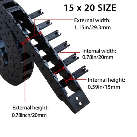 Dimensions of Open Type Drag Chain Cable Carrier 39.4 Inch For CNC Router Mill And 3D Printer with R28 Bend Radius Nylon PA66 1 Meter Length