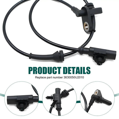 Front view of rear-left ABS wheel speed sensor, black, OEM 3630050U2010 with mounting tab and connector