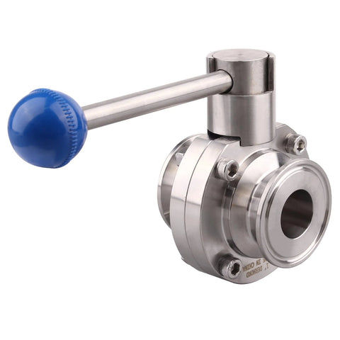 1.5-inch tri-clamp sanitary butterfly valve with blue pull handle and stainless steel body