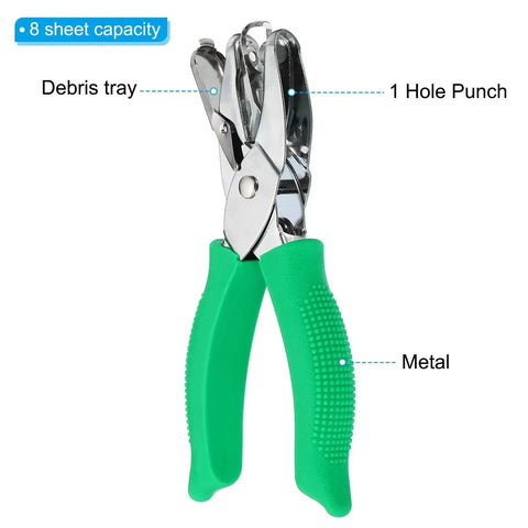 Green 3mm Round Hole Punch Handheld Paper Puncher With Soft Grip showing metal design and debris tray