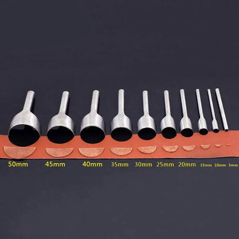 10 Piece Half Round Leather Punch Set For Strap Ends And DIY Crafting Arc Shaped Cutter Punches In 5mm To 50mm Sizes displayed on a leather strip