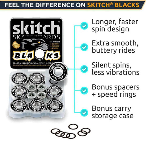 Image of Precision Fast Spin Bearings Set For Skaters Dope ABEC 9 Chrome Steel 608 2RS 8 Pack with spacers and washers by SKITCH.
