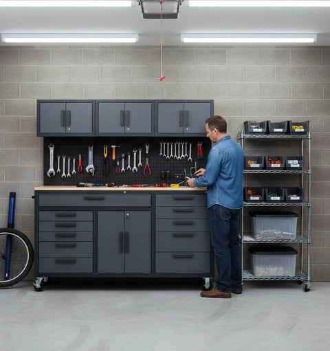 72 Inch Rolling Tool Chest On Wheels With 11 Drawers, 3 Top Cabinets, 2 Door Cabinet, Pegboard And Power Strip in garage setup.