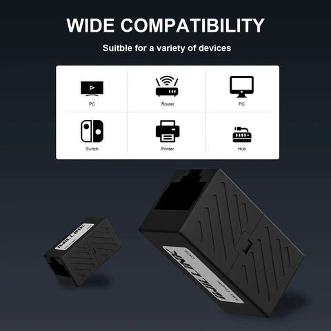 Female to Female RJ45 Ethernet Coupler Extender for Cat7 Cat6 Cat5e Cat5 Cables featuring wide device compatibility chart
