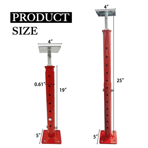 Telescoping Basement Floor Jacks For Leveling 18.5 To 34.6 Inches 4400 Lb Each, red steel construction, size dimensions