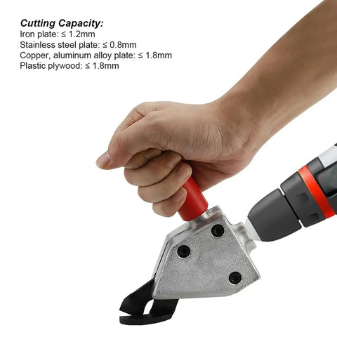Hand holding Power Drill Sheet Metal Cutter Attachment Beast Mode Heavy Duty Shear For Cutting Tin Steel And Corrugated Roofing
