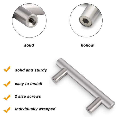 Solid and hollow ends of 30 Pack Brushed Nickel Stainless Steel Kitchen Cabinet Handles T Bar Pulls Three And A Half Inch Center To Center Six Inch Overall Length Modern Euro Style Cupboard Drawer Pulls For Cabinets Dressers Furniture Hardware