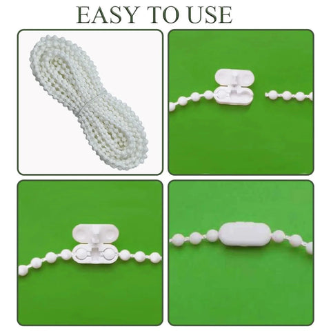 10 Meter Bead Chain Cord for Roller Blinds with 4.5mm Bead Diameter and 17 Pearls Per 100mm, Includes 10 Connectors, White Replacement Cord