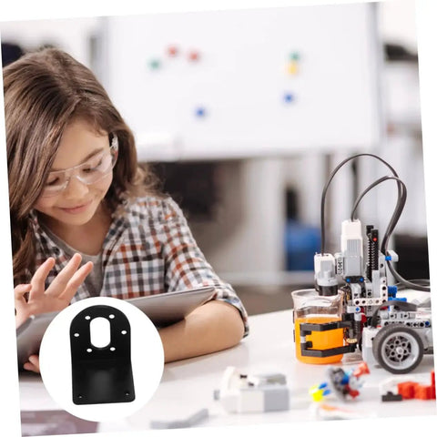Child using tablet beside robot with 4 Pack DC Gear Motor Mounting Brackets L Shape Fixed Seat Holder For 37 Series Gear Reduction Motors inset
