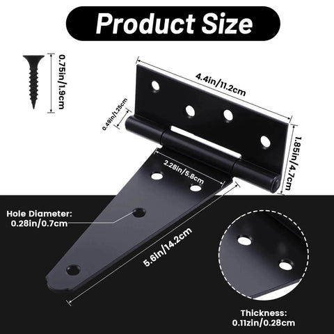 Diagram of 4 Pack 6 Inch T Strap Hinges Heavy Duty Black Outdoor Tee Hinges dimensions and screw size shown