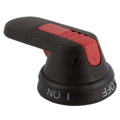 Pistol Grip for Disconnect Switches, NEMA 1/3R/12 Rated Black Replacement, side view showing red accents and mounting base.