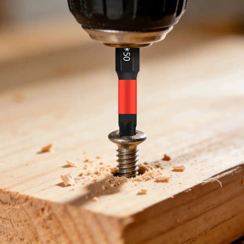 Close-up of a 43 Piece Screwdriver Bits Set With Nut Drivers, Socket Adapters and Magnetic Bit Holders drilling into wood.