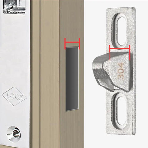 Two Pack Sliding Door Keepers For Glass Doors, Half Inch Door Lock Keepers, Zinc Alloy Construction, detailed side view on door frame