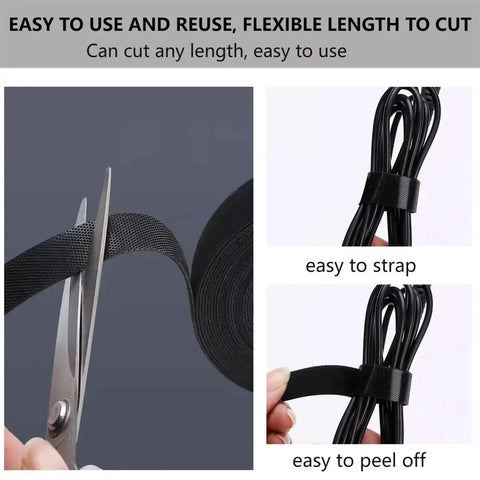54 Yards Of One Half Inch Reusable Cable Ties For Easy No Fuss Cable Management being cut and bundled with cords
