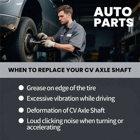 Mechanic replacing CV axle shaft on a vehicle with listed symptoms: grease on tire, vibration, deformation, noise.
