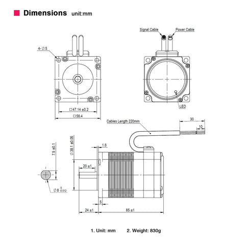 Technical diagram of Nema 23 Integrated Servo Stepper Motor with dimensions and cable lengths.