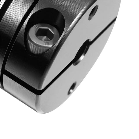 Motor shaft coupling, 6mm x 8mm, clamp-tight, diaphragm-style metal coupling close-up view
