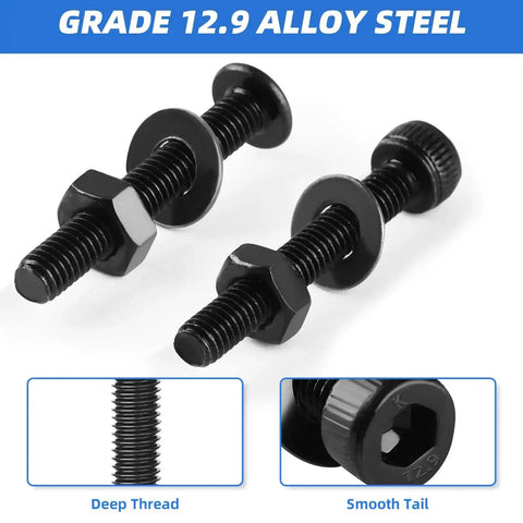 Close-up of M3 Screw Kit With 1600 Pcs 12.9 Grade Alloy Steel screws showing hex socket cap and button heads with nuts and washers.