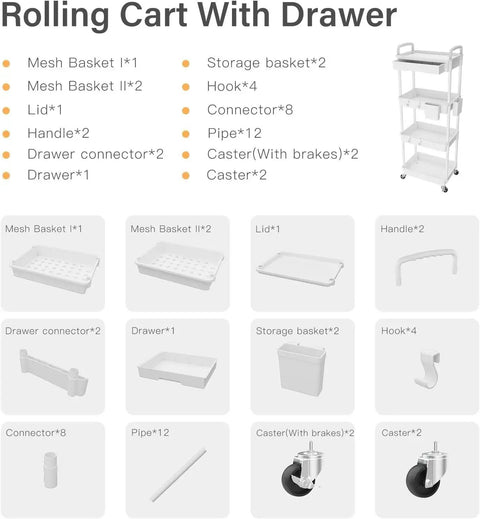 Assembly parts of Four Tier Rolling Cart Organizer With Wheels For Kitchen Bathroom Laundry Room And Office Use A Narrow Slim Utility Cart