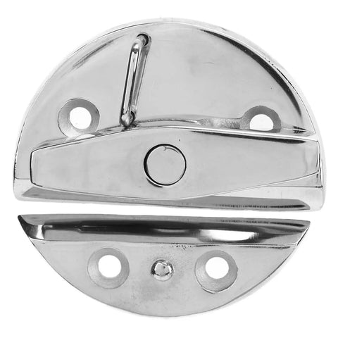 Round round turn button twist latch, marine-grade stainless steel, mirror finish, front view with screw holes