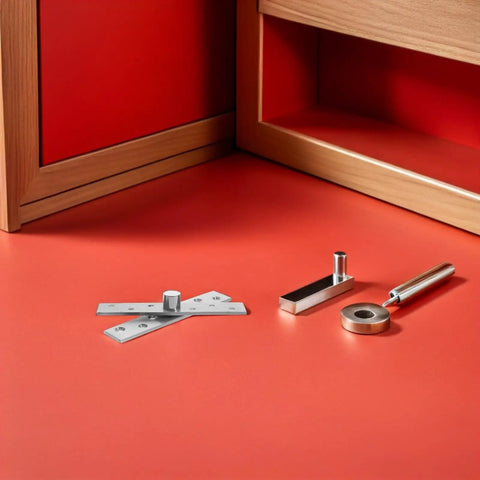 Invisible Pivot Door Hinges Set 360 Degree Rotation Stainless Steel Concealed Heavy Duty Secret Door Hardware For Wood Cabinets And Hidden Bookcases 6 Pack laid out on a red surface.