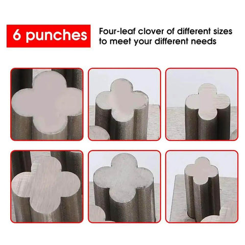 Pro Grade Disc Cutter Set For Jewelry Making With Clover Punches, showing six clover-shaped metal punches in various sizes.