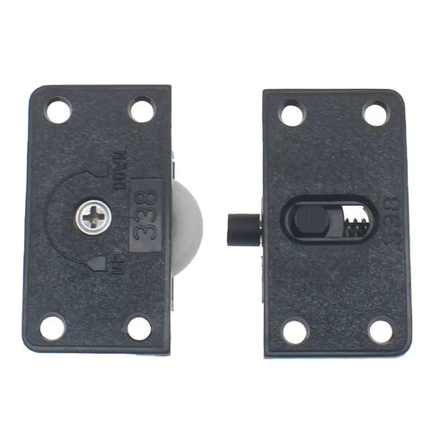 Two Set Sliding Cabinet Door Hardware ABS Plastic Wardrobe Pulley for Cabinet Barn Door Wardrobe Closet Black 58mm Length 28mm Width 34mm Diameter Wheel Durable Easy To Install For Smooth Operation, shown in a front view with screw holes and visible wheel.