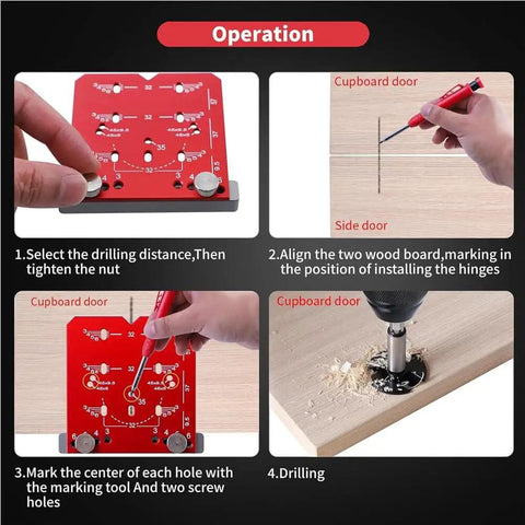 Instructional guide showing operation of Universal Cabinet Hinge Jig with 35mm drilling guide for concealed hinge installation.