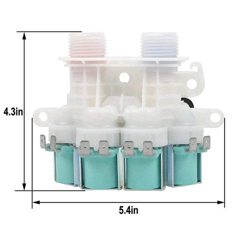 Washer water inlet valve assembly; white plastic body with teal coils and dual threaded inlets for Maytag/Whirlpool