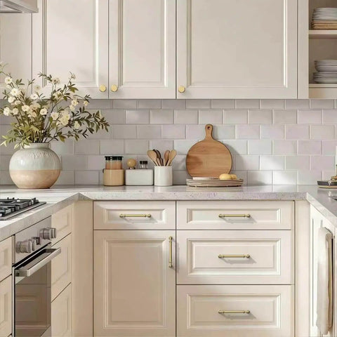 Kitchen with 10 Pack Champagne Bronze Cabinet Pulls For Kitchen Cabinets And Drawers, 5 Inch Hole Center, installed on drawers