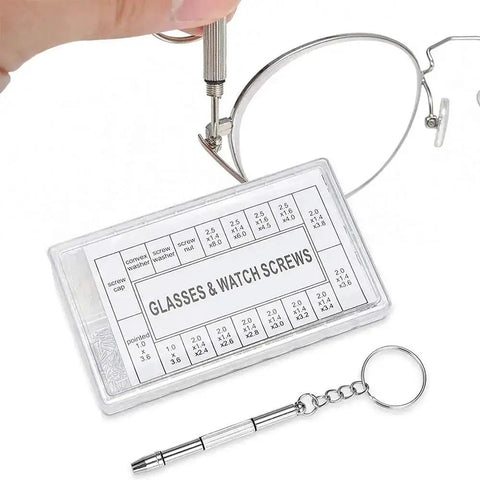 Repairing glasses with 1000-Piece Stainless Steel Micro Screw Kit for Glasses and Sunglasses Repair, screwdriver and screws visible.