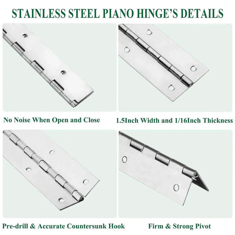Heavy Duty Piano Hinges Set Of Four, 2 Inch Open Width And 16 Inch Continuous Length, 0.06 Inch Thick Stainless Steel With Pre Drilled Holes