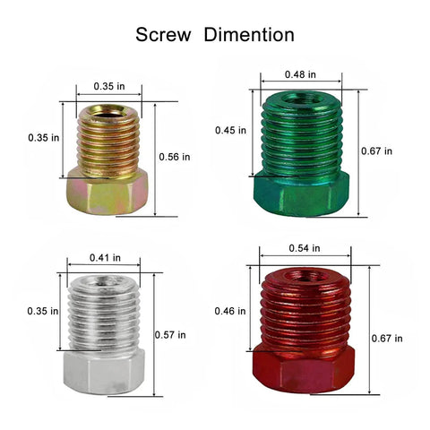 MuHize 3/16 in brake line fittings; four views of color-coated fittings (gold, green, silver, red) with screw dimensions