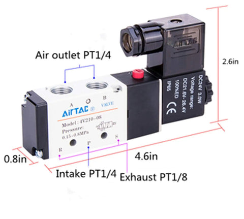 4V210-08 Quarter Inch PT Pneumatic Solenoid Valve Pilot Operated 2 Position 5 Way Aluminum Alloy Body DC24V, 4.6 x 0.8 x 2.6 in
