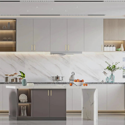 Modern kitchen with 10 Pack 5 Inch Brushed Gold Cabinet Pulls For Kitchen Cabinets Cupboards And Drawers Durable Cabinet Hardware installed